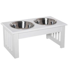 Wooden Dog Feeding Station with 2 Stainless Steel Bowls and Non-Slip Base Elegant White