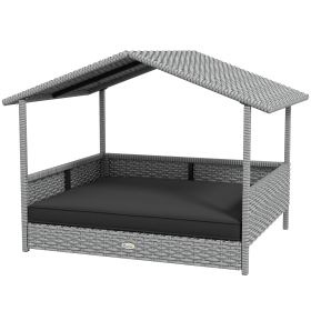 Wicker Dog House Outdoor with Canopy, Rattan Dog Bed with Water-resistant Cushion, Raised Pet Bed for Small, Medium Breeds up to 66 lbs, 20" in L (Option: Gray-830x175x690 mm)