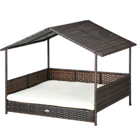 Outdoor Dog Bed with Canopy, Rattan Dog Bed with Soft Cushion Removable Cover for Medium and Large Dogs, Cream White (Option: Cream White-1020x200x845 mm)